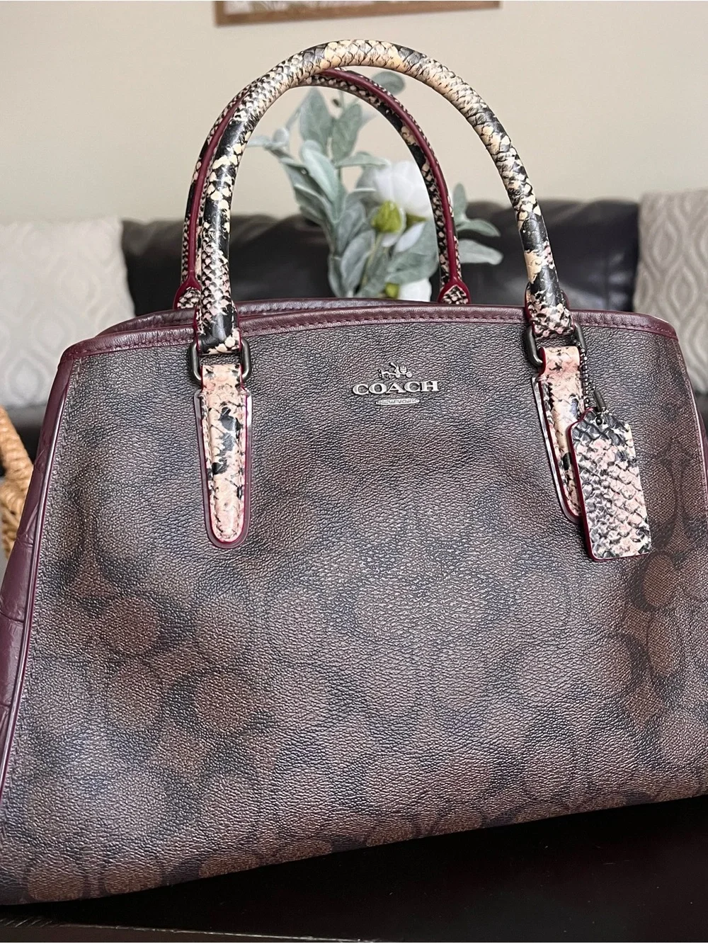 COACH MARGOT Embossed Snake Leather Signature Satchel Dark Brown/Burgundy
